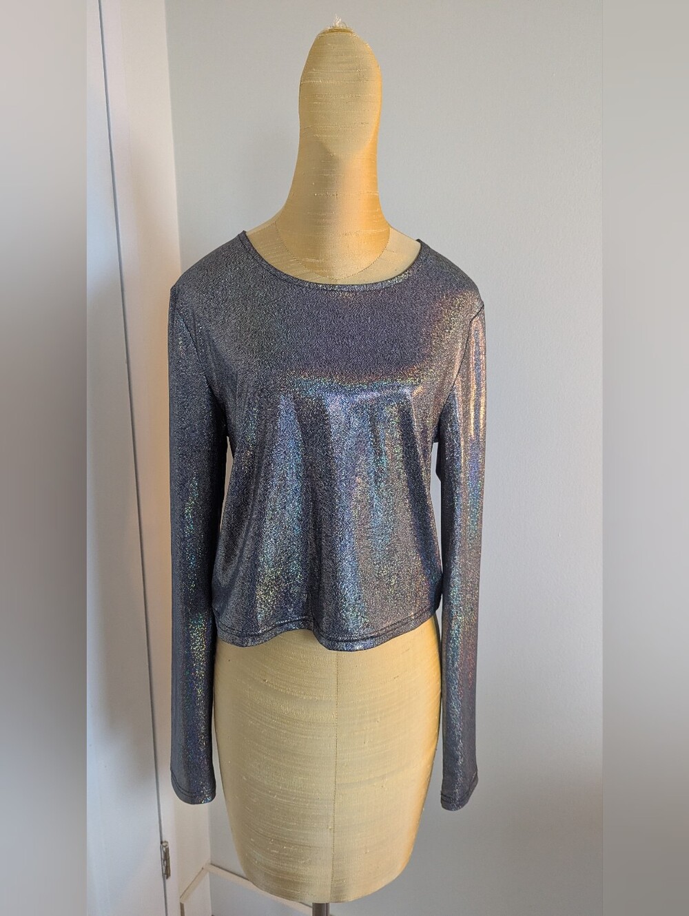 Noisy May Metallic Holographic Long Sleeve Cropped Top - Size L